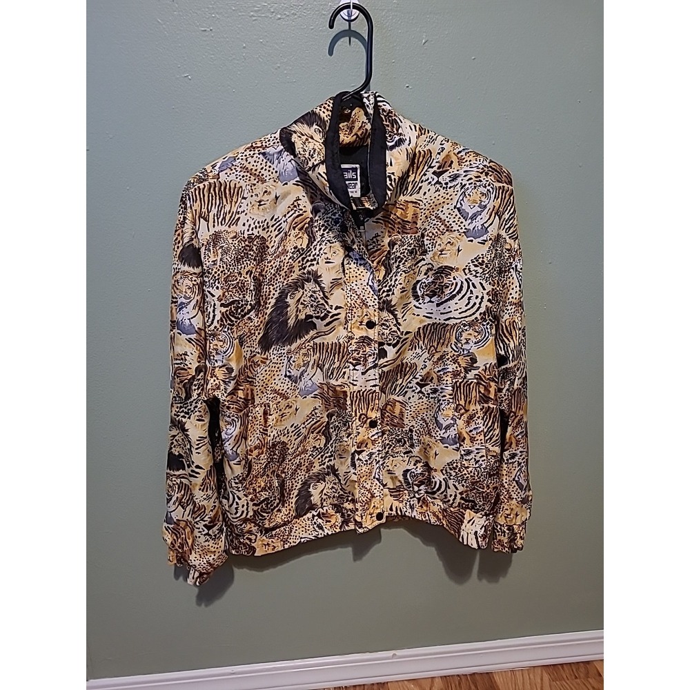 Vintage 1980s 100% Silk Cat Windbreaker Coat Lions Tigers Leopard‎ Sz Medium